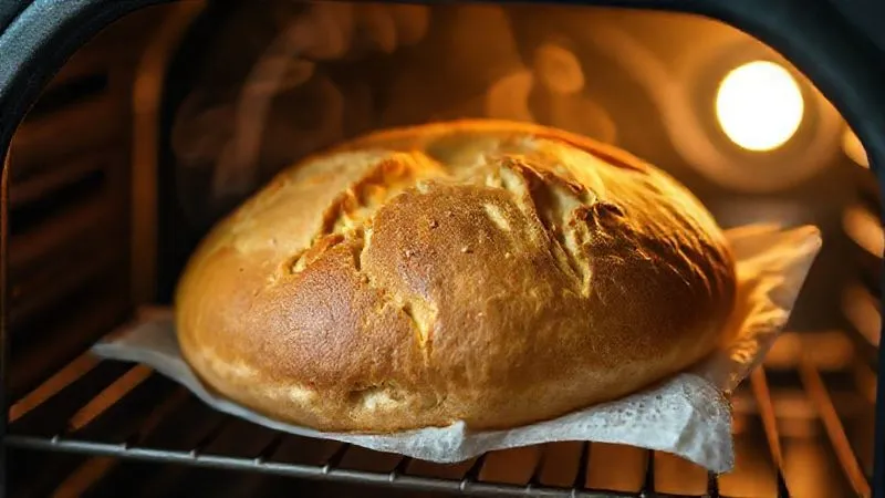 Photorealistic, professional photography, 8K, cinematic lighting, sharp focus, depth of field, shot on a high-end DSLR. A perfectly baked, golden-brown sunflower fitness bread being carefully removed from a hot oven, steam gently rising, emphasizing a crisp crust and inviting aroma. The oven interior is softly lit.