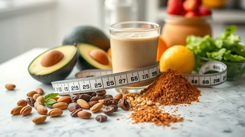 Photorealistic, professional photography, 8K, cinematic lighting, sharp focus, depth of field, shot on a high-end DSLR. A kitchen counter with various "healthy" smoothie ingredients (nuts, avocado, dried fruit, chocolate powder) arranged around a measuring tape, subtly suggesting hidden calories and the challenge of portion control. The lighting is bright and clean, highlighting the textures of the food.