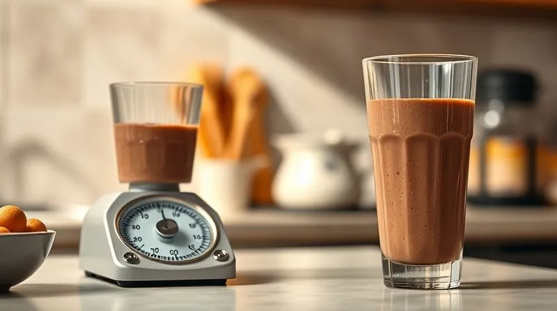 Photorealistic, professional photography, 8K, cinematic lighting, sharp focus, depth of field, shot on a high-end DSLR. A kitchen scale accurately measuring ingredients for a chocolate smoothie. One glass is perfectly portioned, while another, much larger glass is overflowing with the same smoothie, visually emphasizing the concept of portion control and its impact on diet. Subtle shadows and warm light create a realistic kitchen atmosphere.
