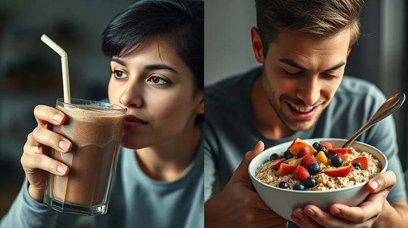 Photorealistic, professional photography, 8K, cinematic lighting, sharp focus, depth of field, shot on a high-end DSLR. A split image: on one side, a person quickly drinking a large chocolate smoothie, looking still hungry. On the other side, the same person slowly eating a bowl of oatmeal with fruit, looking satisfied. The contrast highlights the difference in satiety between liquid and solid calories. Dynamic lighting emphasizes the difference in mood and fullness.