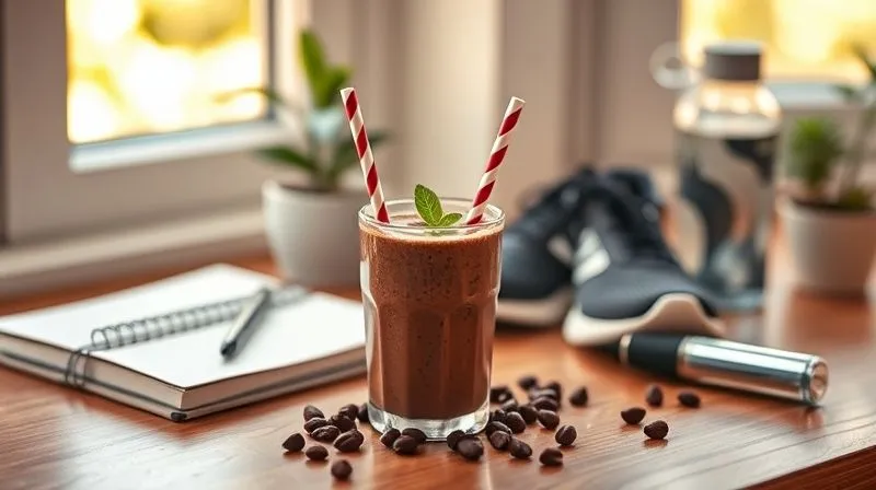 Photorealistic, professional photography, 8K, cinematic lighting, sharp focus, depth of field, shot on a high-end DSLR. A vibrant, healthy chocolate smoothie sits on a desk next to a journal, a pair of running shoes, a water bottle, and a small plant, symbolizing a holistic approach to health. The background is a gently blurred, sunlit window. The overall mood is positive and balanced, emphasizing lifestyle integration.