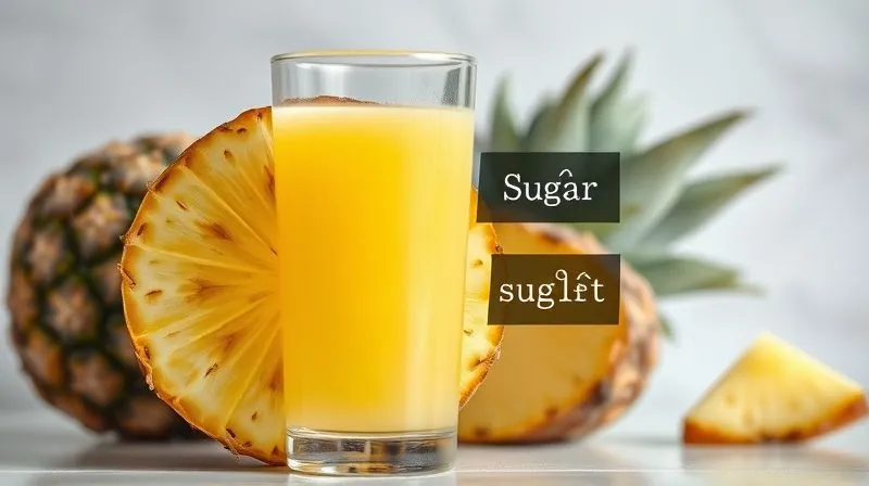 A photorealistic, professional photography, 8K, cinematic lighting, sharp focus, depth of field, shot on a high-end DSLR image showing a cross-section of a fresh pineapple next to a glass of pineapple juice, with subtle graphic overlays indicating sugar content difference. The juice glass shows a higher concentration of sugar molecules compared to the whole fruit. The overall mood is informative and slightly cautionary.