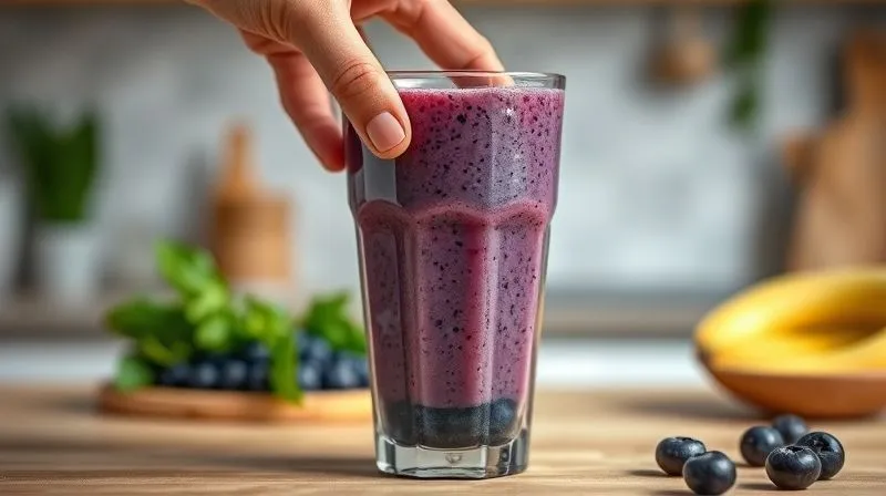 A photorealistic, professional photography, 8K image of a beautifully prepared blueberry smoothie in a glass, but with a subtle, almost imperceptible layer of hidden, sugary ingredients at the bottom, casting a shadow of disappointment. A hand is reaching for it, but with a look of slight confusion or frustration. Cinematic lighting, sharp focus on the smoothie and hand, depth of field blurring a background of healthy kitchen elements. The overall mood is one of unfulfilled expectation and a search for truth.