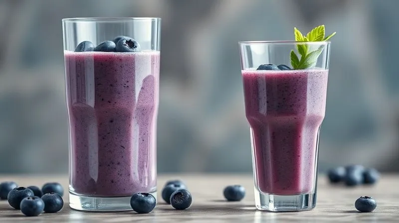 Photorealistic, professional photography, 8K image showing two blueberry smoothies side-by-side. One is a large, watery, overflowing glass, the other is a smaller, denser, perfectly portioned smoothie in an elegant glass. Cinematic lighting, sharp focus on the smaller, dense smoothie, depth of field blurring the larger one. The smaller smoothie appears more appealing and manageable.