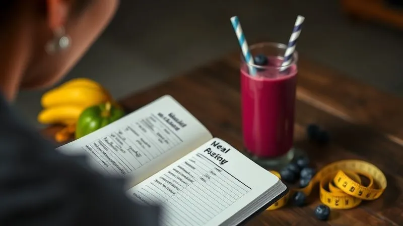 Photorealistic, professional photography, 8K, cinematic lighting, sharp focus, depth of field, shot on a high-end DSLR. A person looking thoughtfully at a small notebook with a personalized meal plan and a measuring tape, with a vibrant, perfectly portioned blueberry smoothie in the background. The atmosphere is calm and focused, emphasizing individual planning and effort in weight loss, contrasting with a generic, unhelpful approach.