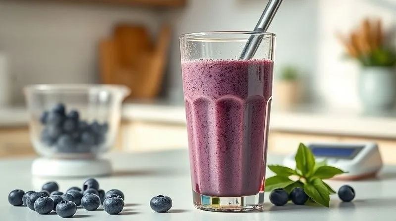 Photorealistic, professional photography, 8K, cinematic lighting, sharp focus, depth of field, shot on a high-end DSLR. A perfectly blended, vibrant blueberry smoothie, rich in texture, garnished with a few fresh blueberries and chia seeds, sitting on a clean kitchen counter next to measuring cups and a small digital scale. The setting is bright and inviting, emphasizing precision and healthy ingredients.