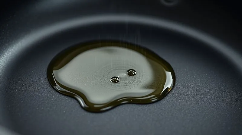 A close-up, photorealistic image of a non-stick frying pan, with a fine mist of cooking oil spray being applied, showing a perfectly even, thin layer of oil. Cinematic lighting highlights the texture of the pan and the fine droplets. Sharp focus on the oil, with a subtle depth of field. 8K hyper-detailed, professional photography.