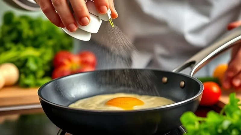 A photorealistic, professional photography shot of a cook using a fine mist oil sprayer to lightly coat a hot non-stick pan, with steam gently rising. The background shows fresh, vibrant vegetables prepped for an omelette. Cinematic lighting, sharp focus on the spraying action, depth of field blurring the background elements. 8K hyper-detailed, shot on a high-end DSLR.