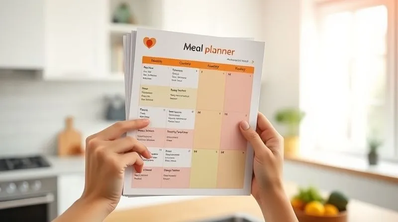 A photorealistic image of a person's hands holding a vibrant, personalized meal planner with various healthy food options, including a section for breakfast omelettes. The background is a bright, modern kitchen, subtly blurred. Cinematic lighting, sharp focus on the planner, depth of field. 8K hyper-detailed, professional photography.