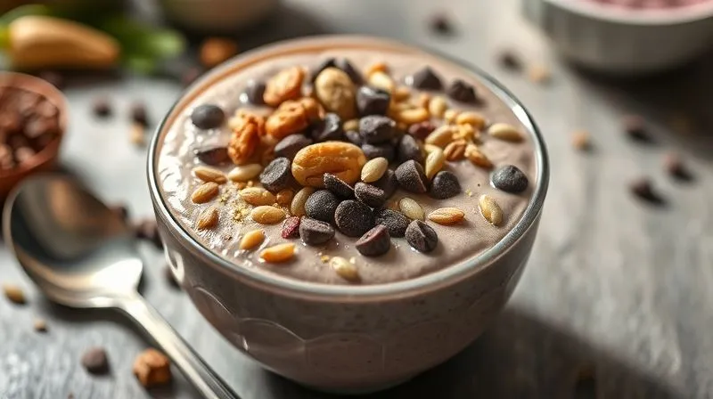Photorealistic, professional photography, 8K, cinematic lighting, sharp focus, depth of field, shot on a high-end DSLR. A visually appealing protein dessert (e.g., a smoothie bowl) with various toppings like nuts, seeds, chocolate chips, and a measuring spoon next to it, highlighting the small but significant caloric impact of each addition. The image should convey a sense of hidden caloric density in seemingly healthy ingredients. Subtle shadows and soft, diffused light.