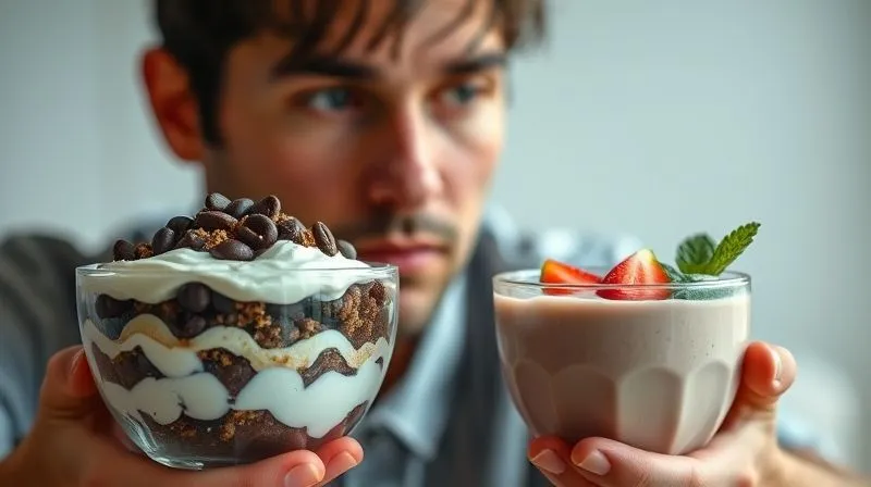 Photorealistic, professional photography, 8K, cinematic lighting, sharp focus, depth of field, shot on a high-end DSLR. A person looking thoughtfully at two different protein dessert bowls. One is a rich, dense parfait, the other a light, fruit-based smoothie. The scene should convey the idea of making personalized choices based on individual needs and activity levels, with a subtle backdrop suggesting a healthy lifestyle and balance. Soft, natural light.