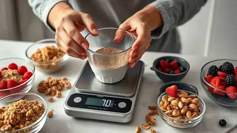 Photorealistic, professional photography, 8K, cinematic lighting, sharp focus, depth of field, shot on a high-end DSLR. A person's hands meticulously measuring ingredients for a protein dessert on a digital kitchen scale. Bowls of various ingredients (protein powder, berries, nuts) are neatly arranged around, emphasizing precision and control. Bright, clean kitchen setting with soft, diffused light.