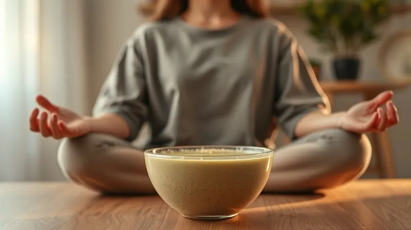 Photorealistic, professional photography, 8K, cinematic lighting, sharp focus, depth of field, shot on a high-end DSLR. A person meditating calmly with a light, healthy protein smoothie bowl placed on a table in front of them, symbolizing mindful eating and a healthy relationship with food. The setting is serene and warm, suggesting inner peace and conscious choices. Soft, warm light.