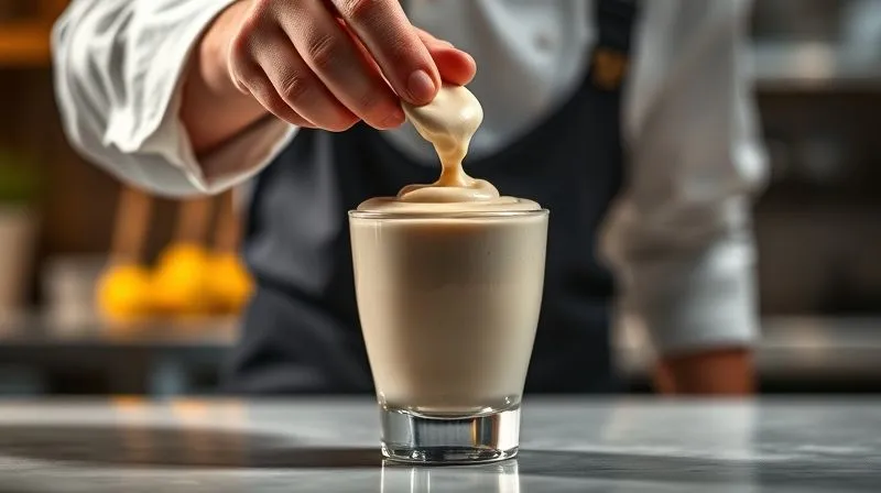 A photorealistic, professional photography image of a chef's hands carefully pouring a thick, creamy protein mousse into a glass, contrasting with a blurred background of a modern kitchen. Cinematic lighting, sharp focus on the mousse, depth of field. 8K hyper-detailed.