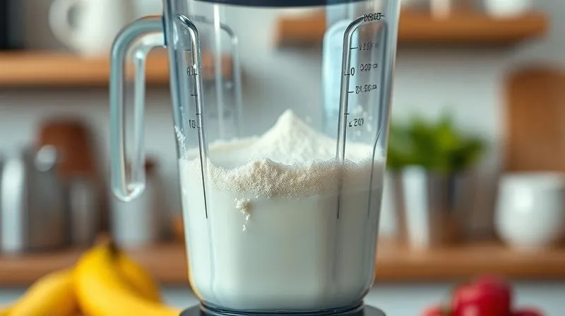 A photorealistic image of a powerful blender in action, mixing protein powder with milk, creating a vortex of creamy liquid. The ingredients are perfectly blended, no lumps visible. Cinematic lighting, sharp focus on the blender and its contents, depth of field blurring the kitchen background. 8K hyper-detailed.