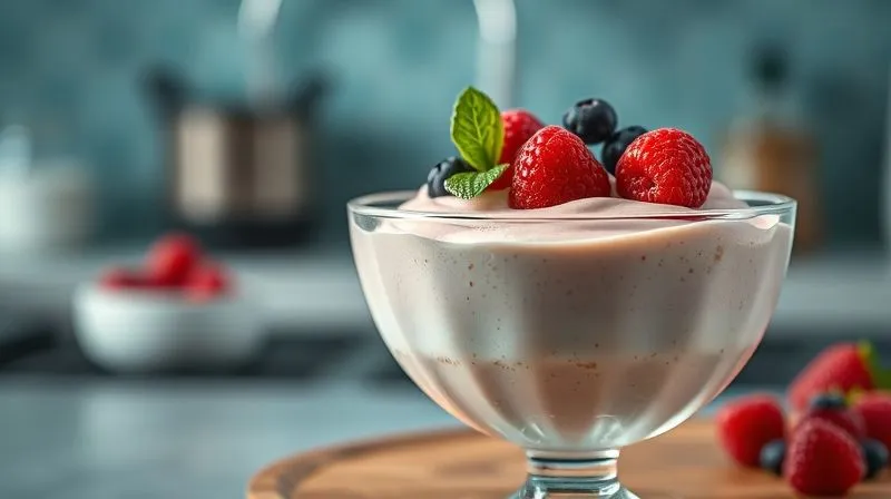 A photorealistic, professional photography image of a perfectly set, thick protein mousse in a elegant glass bowl, garnished with fresh berries and a mint leaf, glistening with a subtle sheen from cinematic lighting. The background is softly blurred, suggesting a cool, calm kitchen environment. Sharp focus on the mousse, depth of field. 8K hyper-detailed.