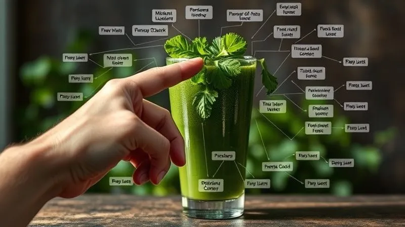 Photorealistic, professional photography, 8K, cinematic lighting, sharp focus, depth of field, shot on a high-end DSLR. A hand is pointing at a complex, tangled web of missteps and incorrect assumptions surrounding a glass of parsley juice, symbolizing common errors in diet. The background is slightly blurred, emphasizing the mistakes. The image should convey confusion and the need for clarity.
