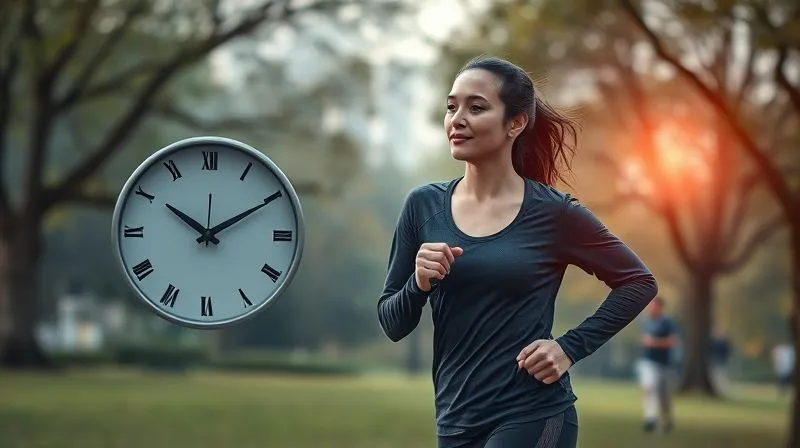 Photorealistic, professional photography, 8K, cinematic lighting, sharp focus, depth of field, shot on a high-end DSLR. A dynamic image showing a person (gender-neutral) engaged in moderate physical activity, like brisk walking or light jogging in a park, with a subtle, serene background of nature. Beside them, a stylized clock or moon and stars symbolize good sleep and regeneration. The overall mood is energetic yet balanced, emphasizing the synergy of movement and rest.