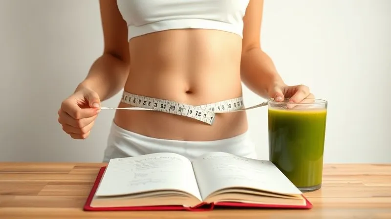 Photorealistic, professional photography, 8K, cinematic lighting, sharp focus, depth of field, shot on a high-end DSLR. A person is confidently measuring their waist with a tape measure, smiling subtly, with a bright, clean background. In the foreground, a journal with progress notes and a healthy green juice. The mood is positive, encouraging, and focused on sustainable progress rather than quick fixes. The image should convey self-care and empowerment.