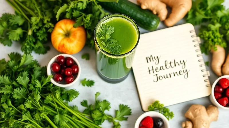Photorealistic, professional photography, 8K, cinematic lighting, sharp focus, depth of field, shot on a high-end DSLR. A vibrant, beautifully composed flat lay of a glass of fresh green parsley juice surrounded by various healthy ingredients: fresh parsley, cucumber, apple, ginger, and a small bowl of berries. A neatly written journal with the words "My Healthy Journey" is open beside it, symbolizing a holistic approach to wellness. The lighting is soft and natural, emphasizing freshness and vitality. The image should evoke a sense of calm, health, and achievable goals.