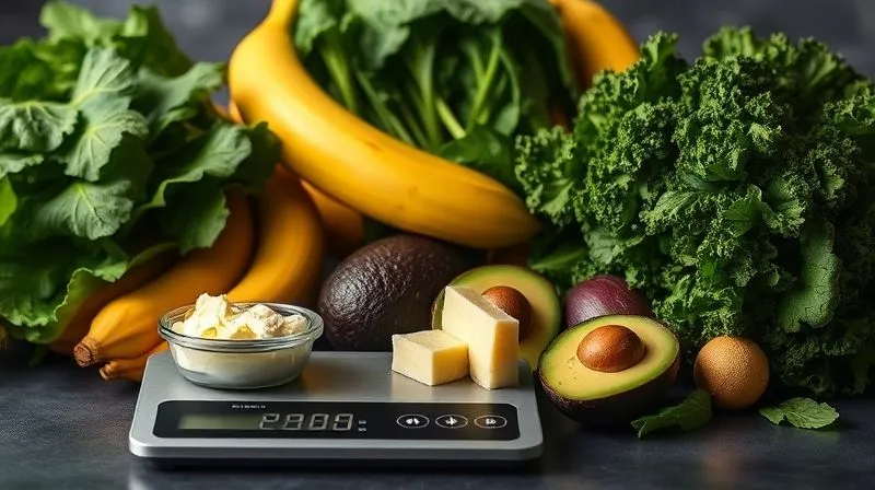 A photorealistic shot of various healthy ingredients like fresh spinach, vibrant kale, ripe bananas, creamy avocados, and a small container of almond butter, with a precise digital kitchen scale in the foreground showing accurate measurements of ingredients. The scene is well-lit, professional photography, 8K, cinematic lighting, sharp focus on the ingredients and scale, depth of field blurring the background, shot on a high-end DSLR.