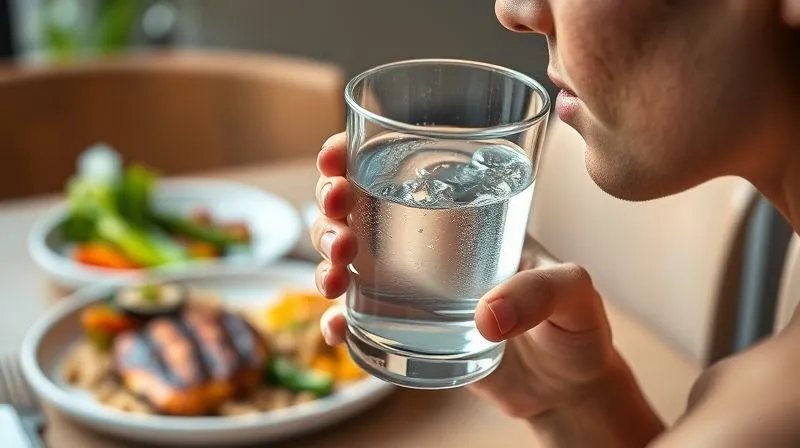 A photorealistic image of a person drinking water from a sleek glass, with a blurred background of a healthy, balanced meal (e.g., grilled chicken, quinoa, colorful vegetables) on a table. The scene emphasizes hydration as part of an overall healthy diet. Professional photography, 8K, cinematic lighting, sharp focus on the person and glass, depth of field, shot on a high-end DSLR.