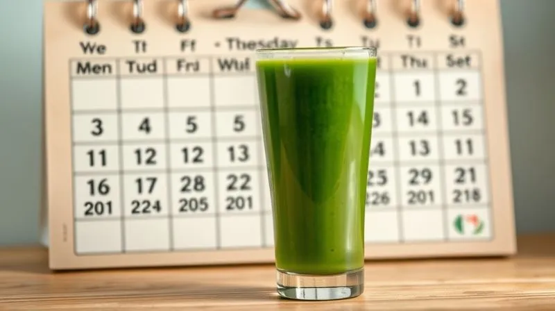 A photorealistic image of a vintage-style calendar with days marked with small green smoothie icons, showing a gradual, consistent progression over several months towards a clearly defined health goal. A modern green smoothie glass is placed in the foreground, slightly out of focus. The mood is hopeful, determined, and signifies long-term commitment. Professional photography, 8K, cinematic lighting, sharp focus on the calendar, depth of field blurring the smoothie, shot on a high-end DSLR.