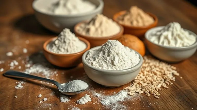 A professional photography, 8K, cinematic lighting, sharp focus, depth of field, shot on a high-end DSLR, close-up of various gluten-free flours (rice, tapioca, sorghum, buckwheat) in small, elegant bowls on a wooden table, with a tiny spoon of xanthan gum next to them, suggesting precise measurement and a scientific approach to baking. Soft, warm lighting.