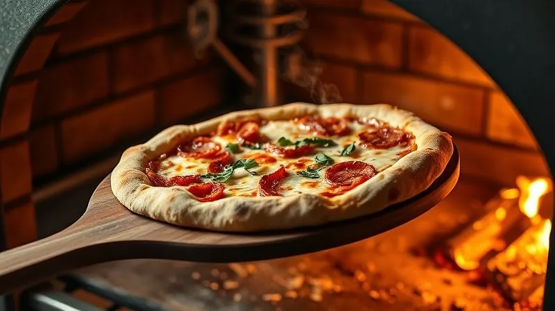A photorealistic, professional photography, 8K, cinematic lighting, sharp focus, depth of field, shot on a high-end DSLR, a perfectly baked gluten-free low-calorie pizza being carefully slid out of a very hot, industrial-looking oven onto a wooden peel. Steam is gently rising from the pizza, highlighting its fresh, soft texture. The focus is on the golden-brown crust and melted toppings.