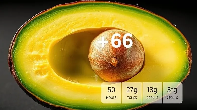A vibrant, cross-section view of a ripe avocado, highlighting its creamy texture and large pit, with infographics overlaid showing nutritional values (healthy fats, fiber, vitamins) in a clean, scientific style. Photorealistic, professional photography, 8K, cinematic lighting, sharp focus, depth of field, shot on a high-end DSLR.