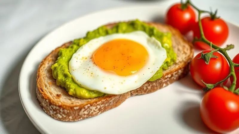 A plate with a meticulously portioned avocado paste on a single slice of whole-grain bread, accompanied by a perfectly boiled egg and fresh cherry tomatoes. The scene is bright and clean, emphasizing healthy balance and control. Photorealistic, professional photography, 8K, cinematic lighting, sharp focus, depth of field, shot on a high-end DSLR.