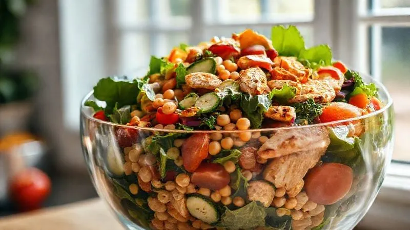Photorealistic, professional photography, 8K, cinematic lighting, sharp focus, depth of field, shot on a high-end DSLR. A large, overflowing glass bowl filled with a vibrant, fresh protein salad. The salad features prominent leafy greens like spinach and kale, colorful chopped bell peppers, cherry tomatoes, cucumber slices, and visible chickpeas and grilled chicken pieces, emphasizing abundance and health. Natural light streams from a window, highlighting the freshness of ingredients.
