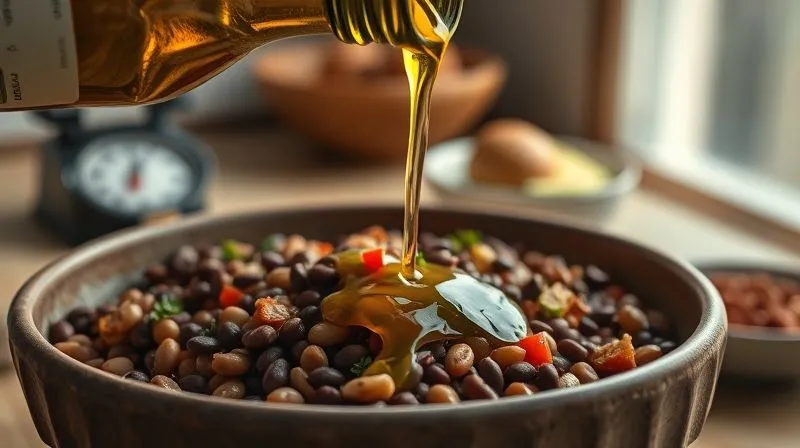 Photorealistic, professional photography, 8K, cinematic lighting, sharp focus, depth of field, shot on a high-end DSLR. A close-up of a lentil salad in a rustic bowl, with a generous, glistening drizzle of olive oil pouring from a bottle, subtly indicating excess. In the background, out of focus, a small bowl of mixed nuts and avocado slices. The scene evokes a feeling of unintentional overindulgence, with rich textures and warm light. A small kitchen scale is barely visible in the corner, suggesting measurement is needed.