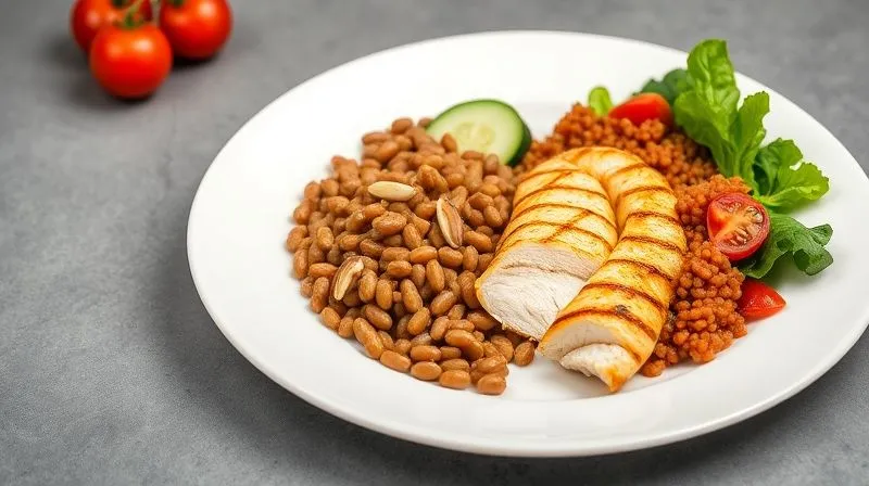 Photorealistic, professional photography, 8K, cinematic lighting, sharp focus, depth of field, shot on a high-end DSLR. A perfectly composed lentil salad on a white plate, visually demonstrating the 'plate method'. Half of the plate is filled with vibrant mixed greens, cherry tomatoes, and cucumber. One quarter contains perfectly cooked brown lentils. The remaining quarter features grilled chicken breast slices. A small drizzle of olive oil is visible, and a few pine nuts are sparingly sprinkled. The image is clean, bright, and emphasizes balanced portions.