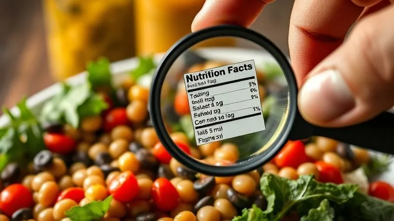 Photorealistic, professional photography, 8K, cinematic lighting, sharp focus, depth of field, shot on a high-end DSLR. A close-up of a lentil salad, with a hand holding a magnifying glass over a small, barely visible nutrition label on a bottle of salad dressing in the background. The label is slightly blurred but hints at hidden sugars and sodium. The foreground salad is fresh and appealing, but the background element introduces a sense of suspicion and the need for vigilance. Subtle dramatic lighting highlights the label.
