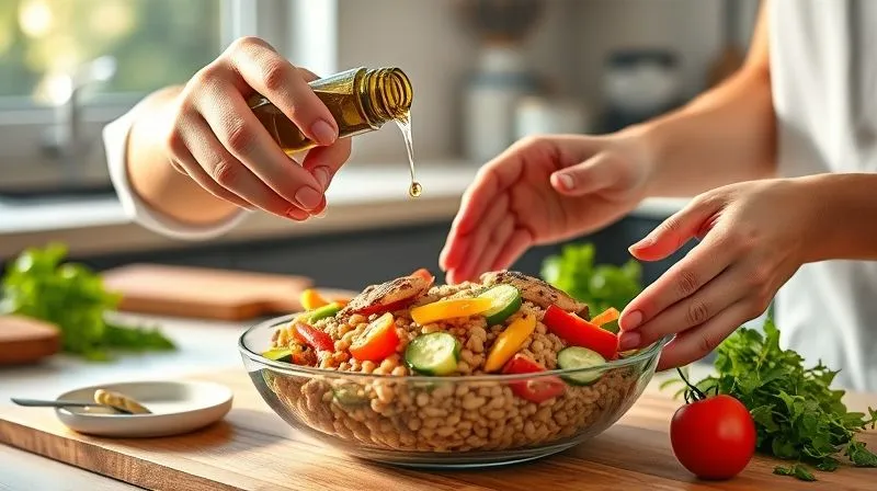Photorealistic, professional photography, 8K, cinematic lighting, sharp focus, depth of field, shot on a high-end DSLR. A person's hands meticulously assembling a perfectly balanced lentil salad in a modern kitchen. One hand is carefully drizzling a measured amount of olive oil, while the other arranges colorful fresh vegetables (bell peppers, cucumbers, cherry tomatoes) around a portion of lentils and grilled chicken. The scene conveys a sense of mindful preparation, precision, and healthy eating, with natural light streaming in from a window.