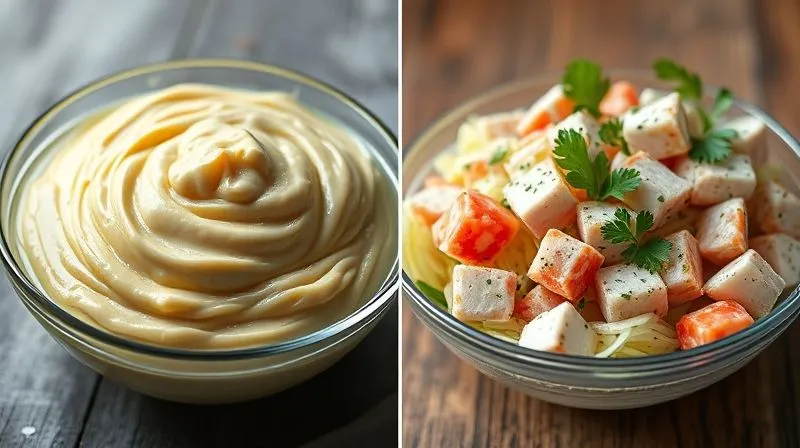 Photorealistic, professional photography, 8K, cinematic lighting, sharp focus, depth of field, shot on a high-end DSLR. A side-by-side comparison: on the left, a bowl of tuna salad drenched in thick, creamy, yellowish mayonnaise, looking heavy and caloric. On the right, a vibrant tuna salad mixed with a light, clear vinaigrette or a white, low-fat yogurt dressing, garnished with fresh herbs, looking fresh and healthy. The lighting emphasizes the difference in texture and lightness between the two.
