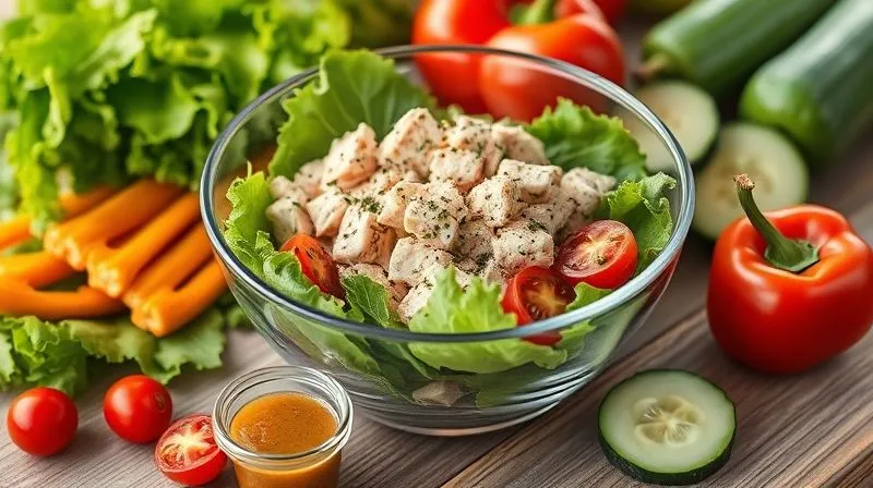 Photorealistic, professional photography, 8K, cinematic lighting, sharp focus, depth of field, shot on a high-end DSLR. A perfectly portioned, colorful, and fresh tuna salad in a stylish, clear glass bowl, surrounded by neatly arranged fresh ingredients like crisp lettuce, cherry tomatoes, cucumber slices, bell peppers, and a small container of homemade vinaigrette. The scene suggests healthy meal prep and conscious eating, with soft, natural light illuminating the textures and colors of the food.