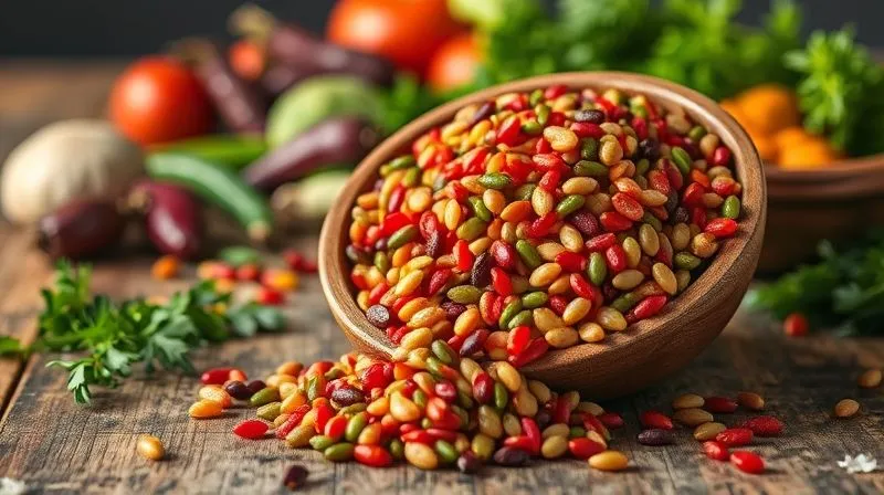 A vibrant, photorealistic image of a bowl of raw, colorful lentils (red, green, brown) spilling slightly onto a rustic wooden surface, with a blurred background of fresh vegetables and herbs, 8K, cinematic lighting, sharp focus, depth of field, shot on a high-end DSLR.