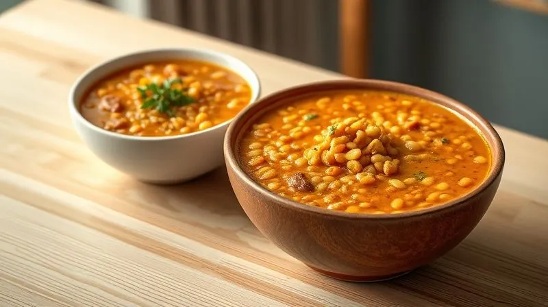 A photorealistic, professional photography image of two bowls of lentil soup side-by-side on a light wooden table. One bowl is significantly larger and overflowing with a rich, thick soup, while the other is a perfectly portioned, smaller serving of a lighter version. Cinematic lighting, sharp focus on the bowls, depth of field, 8K, shot on a high-end DSLR.