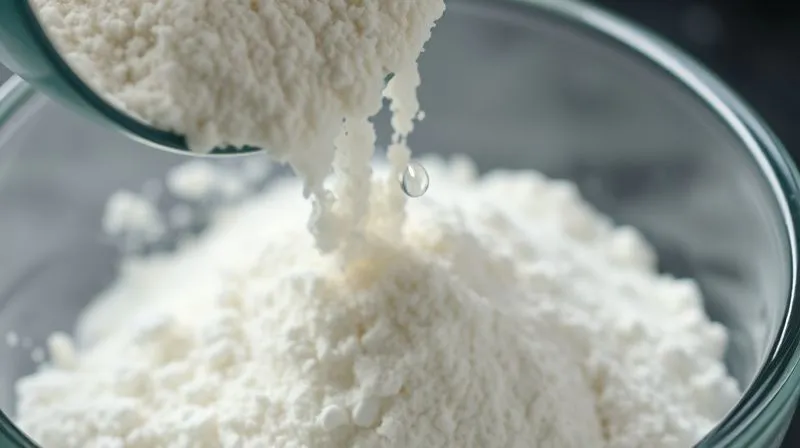 A photorealistic close-up of fine white coconut flour being poured into a measuring cup, with a small droplet of water on the side, emphasizing its absorbent nature, cinematic lighting.