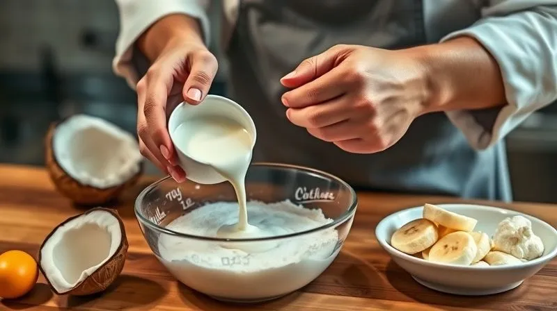 Photorealistic image of a chef's hands carefully measuring coconut milk into a bowl with coconut flour, with other moist ingredients like eggs and mashed banana on a wooden counter, warm kitchen lighting.