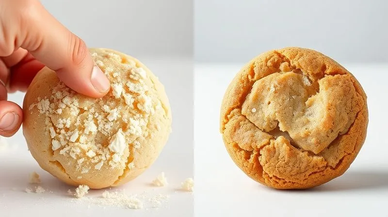 A split image: one side shows a dry, crumbly coconut flour cookie, the other shows a perfectly moist, golden-brown cookie. A hand points from the dry to the moist, symbolizing transformation. Professional studio lighting.