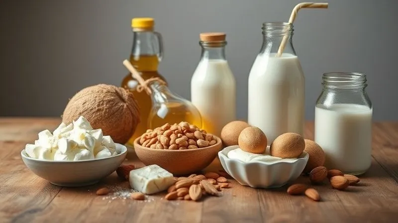 A professional studio shot of a variety of healthy fats and liquids used in baking, like coconut oil, peanut butter, Greek yogurt, and almond milk, arranged aesthetically on a wooden table, with cinematic lighting and sharp focus on the textures, 8K hyper-detailed.