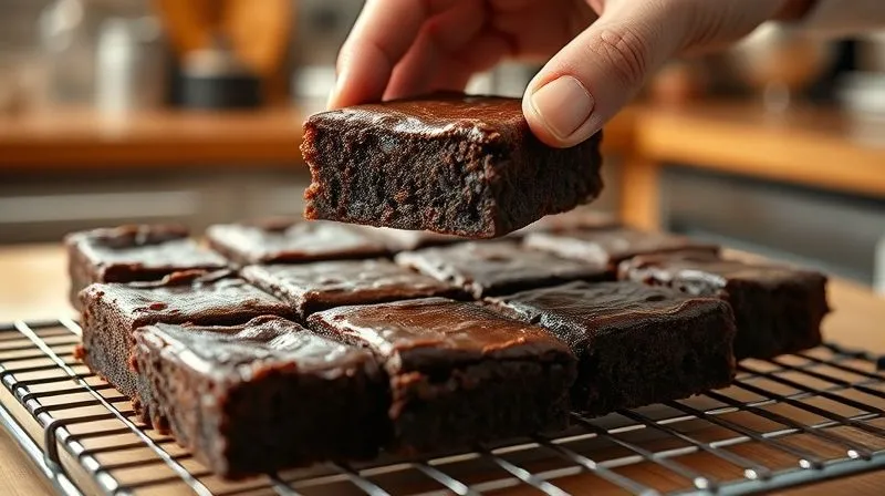 A photorealistic close-up of a perfectly baked, glossy protein brownie, cut into squares, on a cooling rack, with a chef's hand gently placing a square onto a plate. The background is a warm, inviting kitchen. Cinematic lighting, sharp focus on the brownie texture, 8K hyper-detailed.