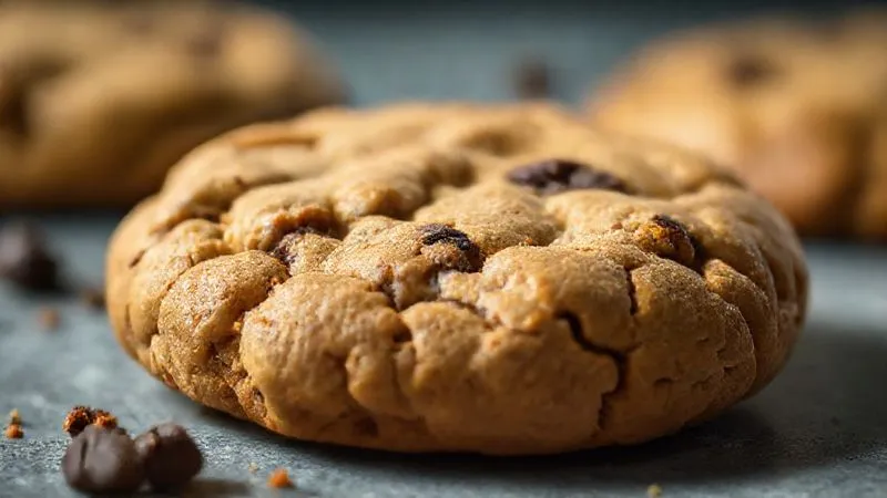 A photorealistic close-up of a seemingly healthy protein cookie, with a subtle, almost transparent overlay of a nutritional label showing high calorie and sugar content. Cinematic lighting, sharp focus on the cookie, depth of field. 8K.