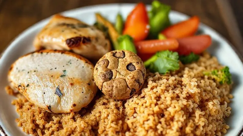 A photorealistic image of a balanced meal (chicken, vegetables, brown rice) on one side, and a small protein cookie on the other, symbolizing that the cookie is just a small part of a larger dietary picture. Cinematic lighting, sharp focus. 8K.