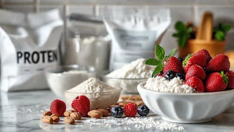 A photorealistic image of a kitchen counter with various healthy ingredients for baking: a bowl of protein powder, a bag of erythritol, almond flour, and fresh berries, all neatly arranged. Cinematic lighting, sharp focus, depth of field. 8K.