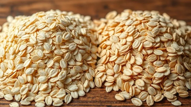 A close-up, photorealistic image of two distinct piles of oats: one pile of finely milled instant oats and another pile of whole, rustic rolled oats, side by side on a wooden surface. Cinematic lighting highlights their texture differences, sharp focus, depth of field. 8K hyper-detailed.