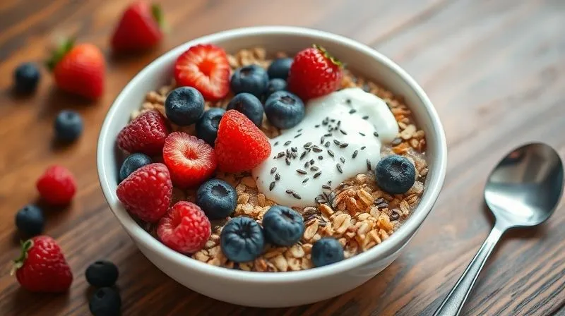 A vibrant, photorealistic bowl of healthy, low-calorie muesli with fresh berries, plain Greek yogurt, and a sprinkle of chia seeds. The composition is bright and inviting, with a measuring spoon subtly placed next to the bowl. Shot with cinematic lighting on a wooden table, sharp focus on the food, depth of field. 8K hyper-detailed.